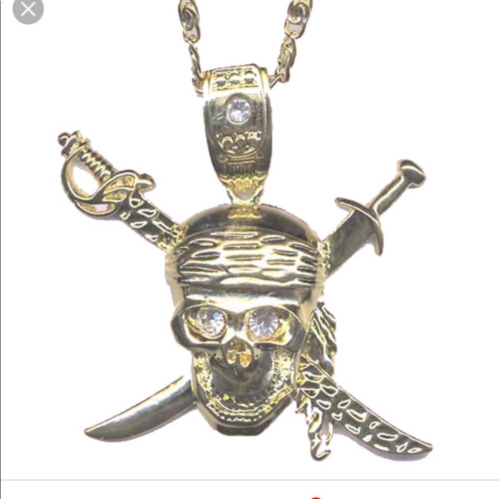 Pirates skull sword long necklace thick chain silv